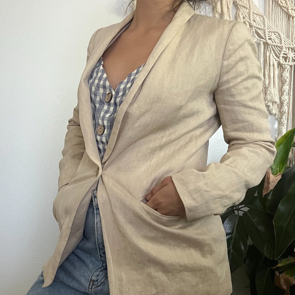 Vince linen‎ blend neutrals beige nude blazer one button classic minimalist 2